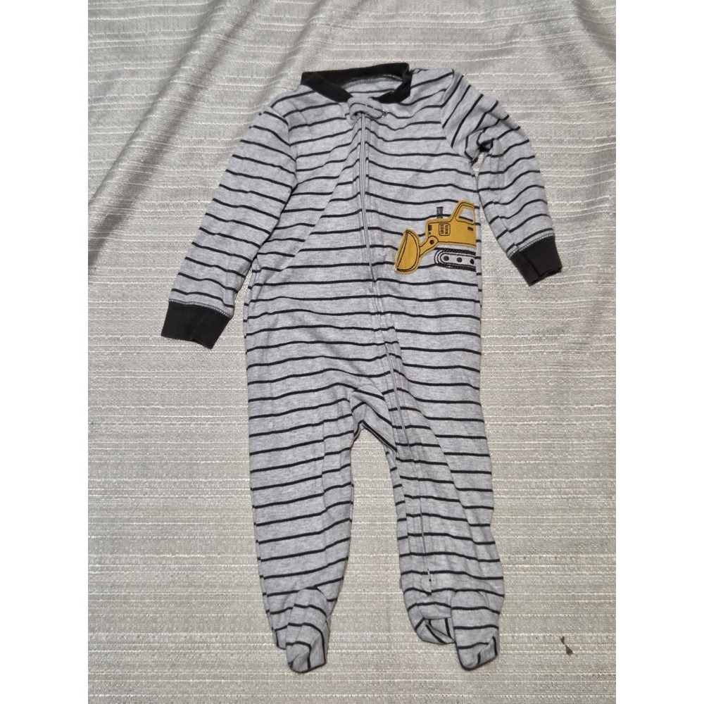 Carters Baby Boy 9M Gray Striped Bulldozer 2-Way Zip Footed Sleeper Pajamas
